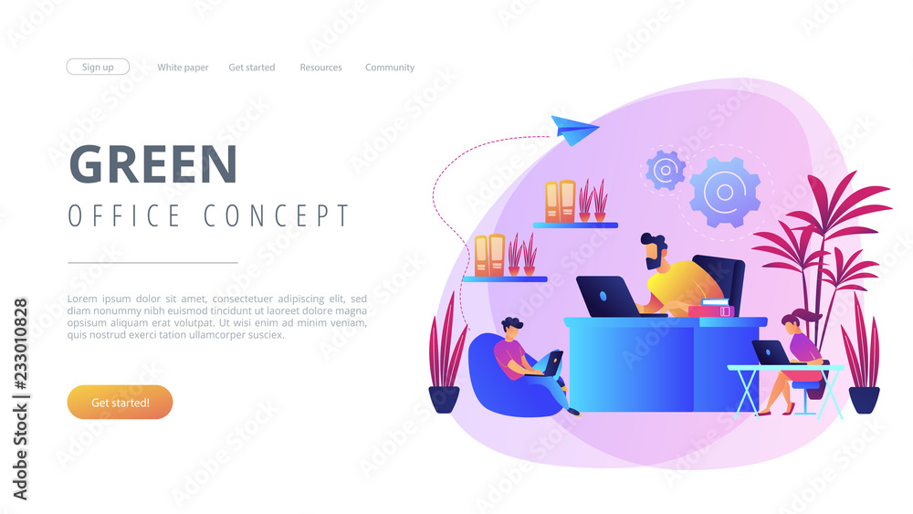 Obraz premium Business people working in modern eco-friendly office with plants and flowers. Biophilic design room, eco-friendly workspace, green office concept. Website vibrant violet landing web page template.