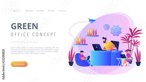 Business people working in modern eco-friendly office with plants and flowers. Biophilic design room, eco-friendly workspace, green office concept. Website vibrant violet landing web page template.