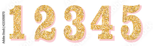 Glitter numbers with pink shadow. Part 1. For decoration of cute wedding, anniversary, party, label, headline, poster, sticker. Vector brilliant shimmer 1,2,3,4,5. Christmas elegant celebration design