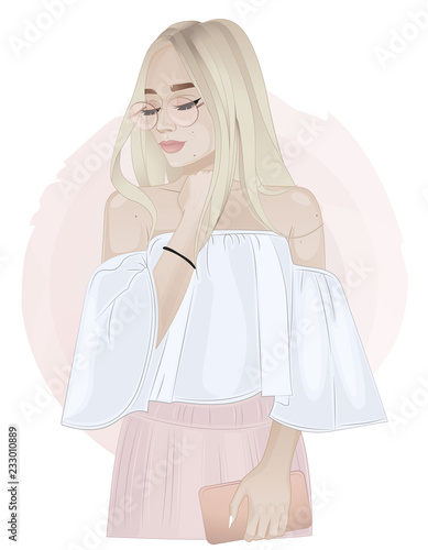 Beautiful blonde girl holding a clutch on pink background