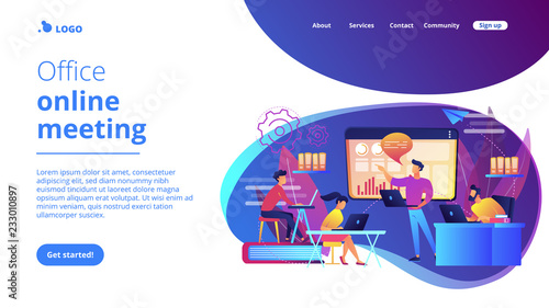 Business team with laptops look at digital presentation with charts. Digital presentation, office online meeting, visual data representation concept. Website vibrant violet landing web page template.