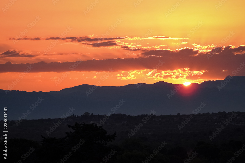 Colorful sunrise over the Dalmatian mountains near Zadar, Crotia