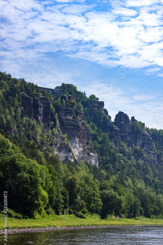 Beautiful view on sandstone mountains from river Elbe in Saxony, Germany