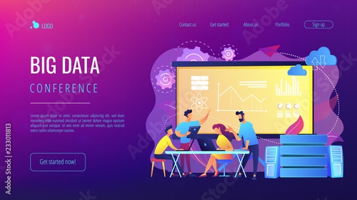 Software Engineer, Statistician, Visualizer and Analyst working on a project. Big data conference, big data presentation, data science concept. Website vibrant violet landing web page template.