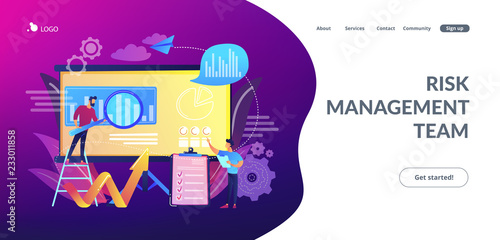Workgroup admit and identify, measure and prioritize, implement a strategy. Risk management team, risk management training and objective concept. Website vibrant violet landing web page template.
