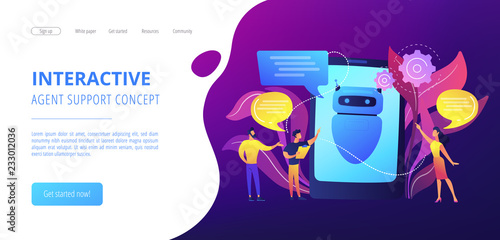 Business people communicate with chatbot application. Chatbot artificial intelligence, talkbots service, interactive agent support concept. Website vibrant violet landing web page template.