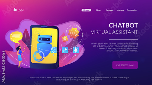 Business woman chatting with messages to chatbot application. Chatbot virtual assistant, smartphone assistant app, message chatbot concept. Website vibrant violet landing web page template.