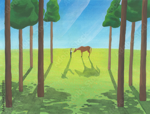 草原で馬と触れ合う女性