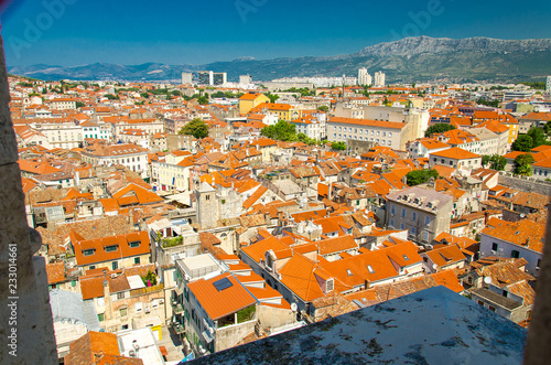 Top aerial view of Split old city buildings, Dalmatia, Croatia