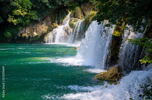 Waterfalls among green plants in Krka National Park  Dalmatia  Croatia