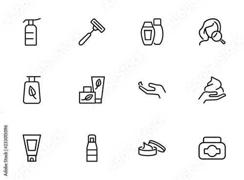 Skin care products line icon set. Cream, shaving stick, face and magnifier glass. Beauty concept. Can be used for topics like beautician, cosmetics, natural ingredients