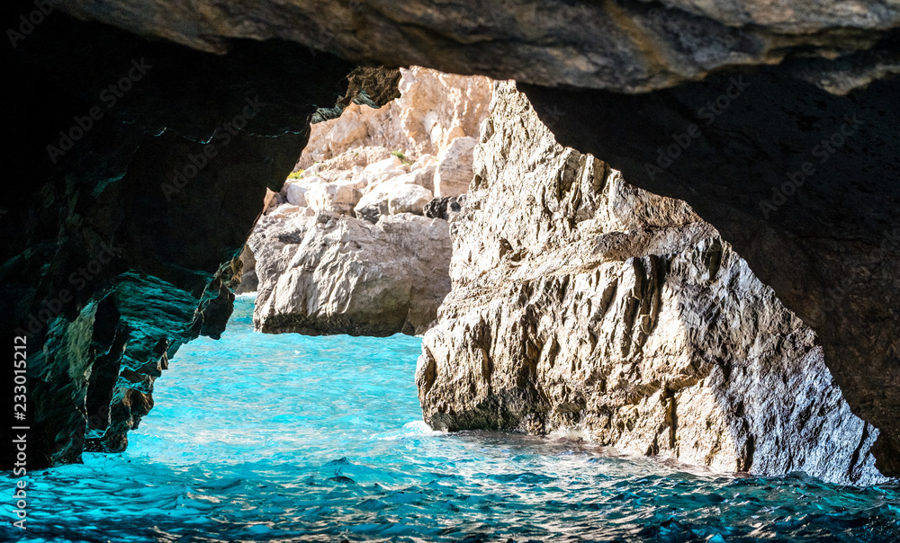 The Green Grotto (also known as The Emerald Grotto), Grotta Verde, on the coast of the island of Capri in the Bay of Naples, Italy.