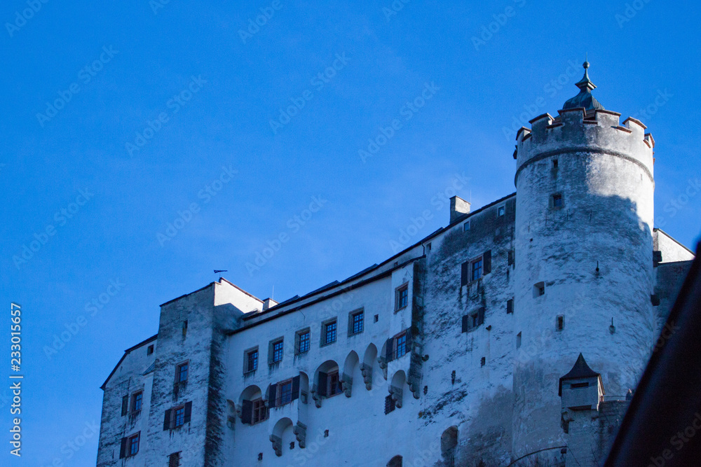 Hohensalzburg Castle or Festung Fortress on the top of Festungsberg hill in Salzburg city, Austria. 