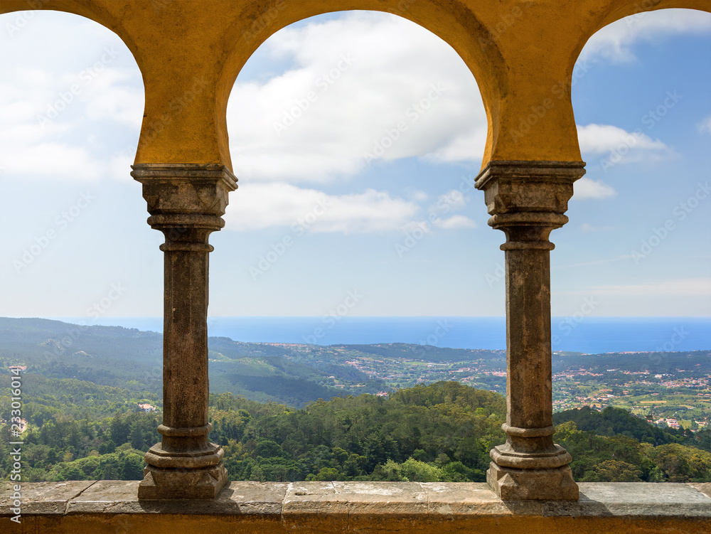 Beautiful view from the arch of the Pena National Palace. Sintra. Portugal.