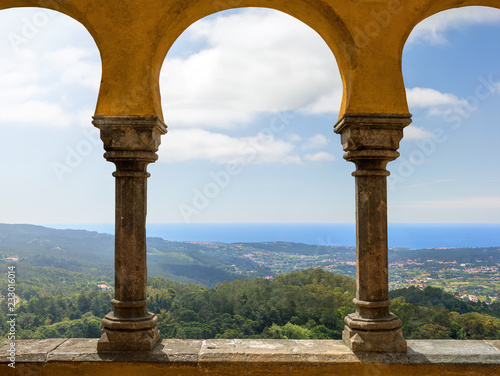 Beautiful view from the arch of the Pena National Palace. Sintra. Portugal.