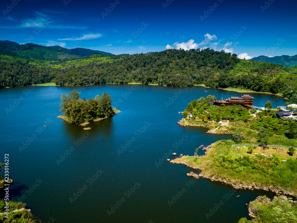 Aerial View of a Pinisi Boat Shaped Restaurant Building in the Edge of a Cape of Lake Patenggang, Ciwidey, Bandung, West Java, Indonesia, Asia
