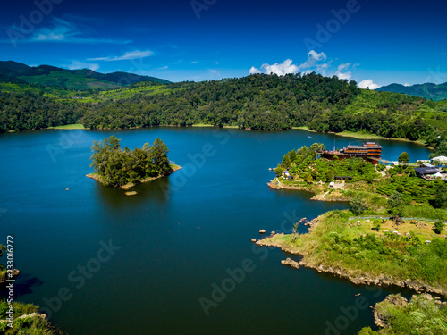 Aerial View of a Pinisi Boat Shaped Restaurant Building in the Edge of a Cape of Lake Patenggang, Ciwidey, Bandung, West Java, Indonesia, Asia © AkhmadDody