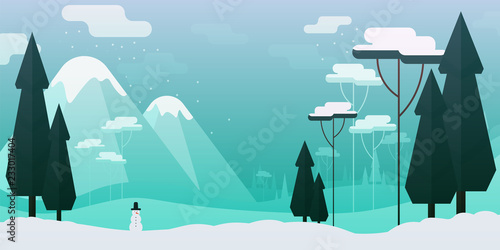 Vector flat style illustration. Winter landscape with trees mountains and snowman
