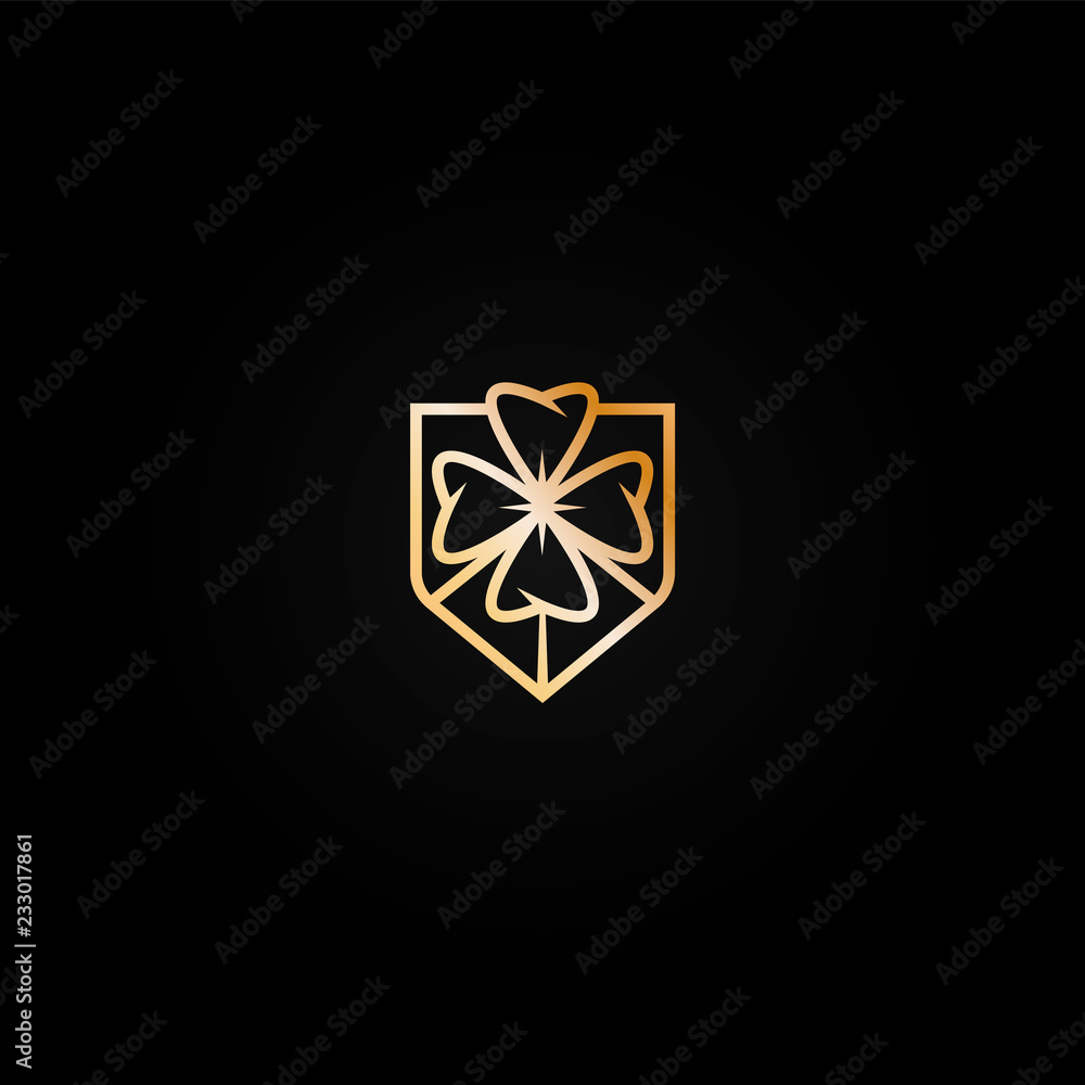Bright shiny golden casino logo icon with four leaf clover. Metal color logotype, label, emblem for gambling establishment, lottery, lucky place brand Bright shiny golden casino logo icon with four leaf clover. Metal color logotype, label, emblem for gambling establishment, lottery, lucky place brand