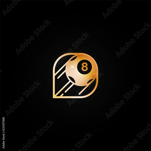 Bright shiny golden casino logo icon with  eight ball. Metal color logotype, label, emblem for gambling establishment, billiards, lottery, lucky place brand