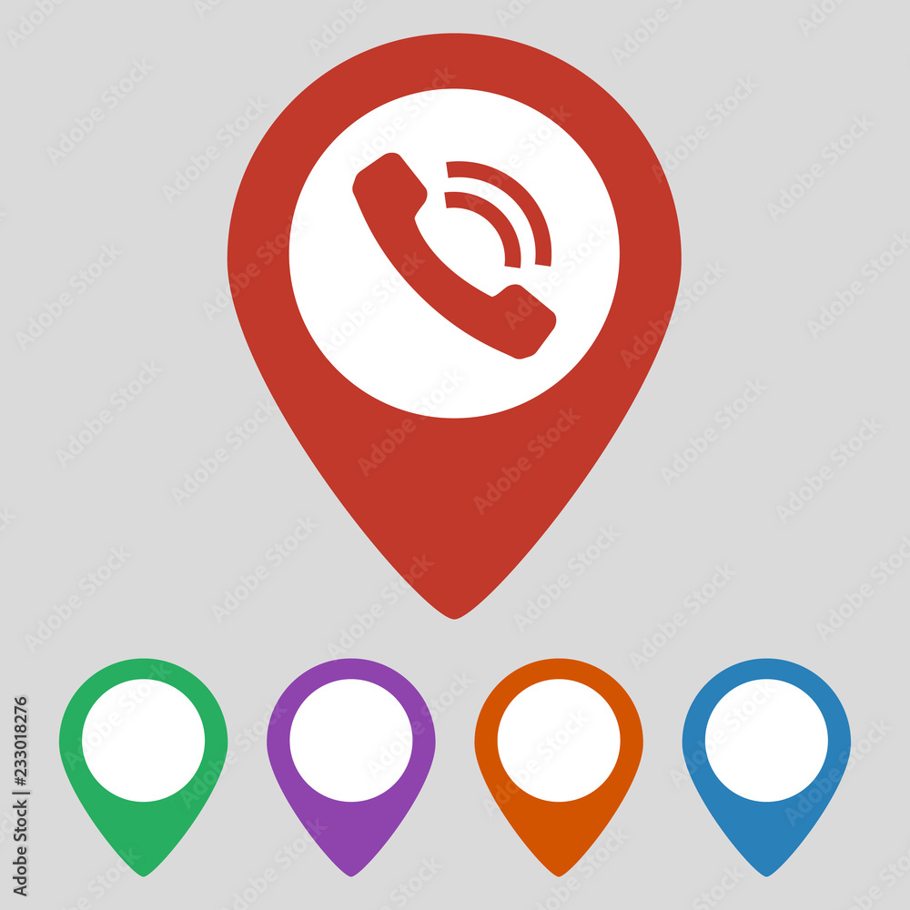 Map pointer with phone handset on grey background. Map pointer with phone handset on grey background.