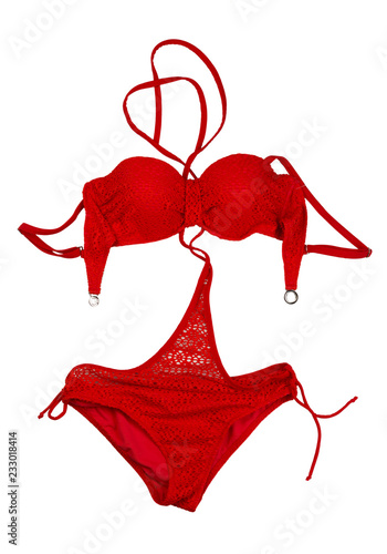Red swimsuit, set. Isolate on white