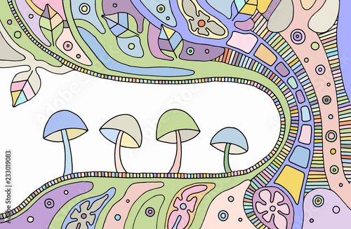 Vector colorful hand drawn illustration of psychedelic abstract tree, flowers, leaves, dots, mushrooms, background Decorative artistic creative picture, line drawing. Picture for coloring