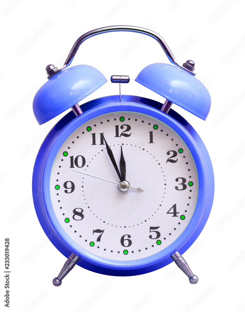 Blue clock on white isolated background, which shows the approximate 12 hours. The New Year is coming_ Blue clock on white isolated background, which shows the approximate 12 hours. The New Year is coming_