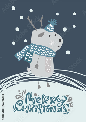 Christmas scandinavian vector deer in hat and scarf with text Merry Christmas illustration design. Cute bambi animal vector. Merry Xmas greeting card