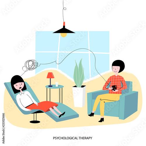 Psychological concept - a woman sits in the chair of a psychologist and talks about her mental problems.