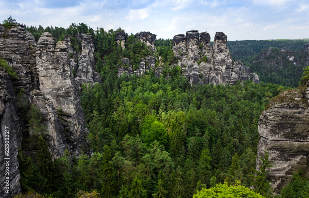 Rock formations of the Elbe sandstone mountains around the Bastei bridge in Saxony, Germany