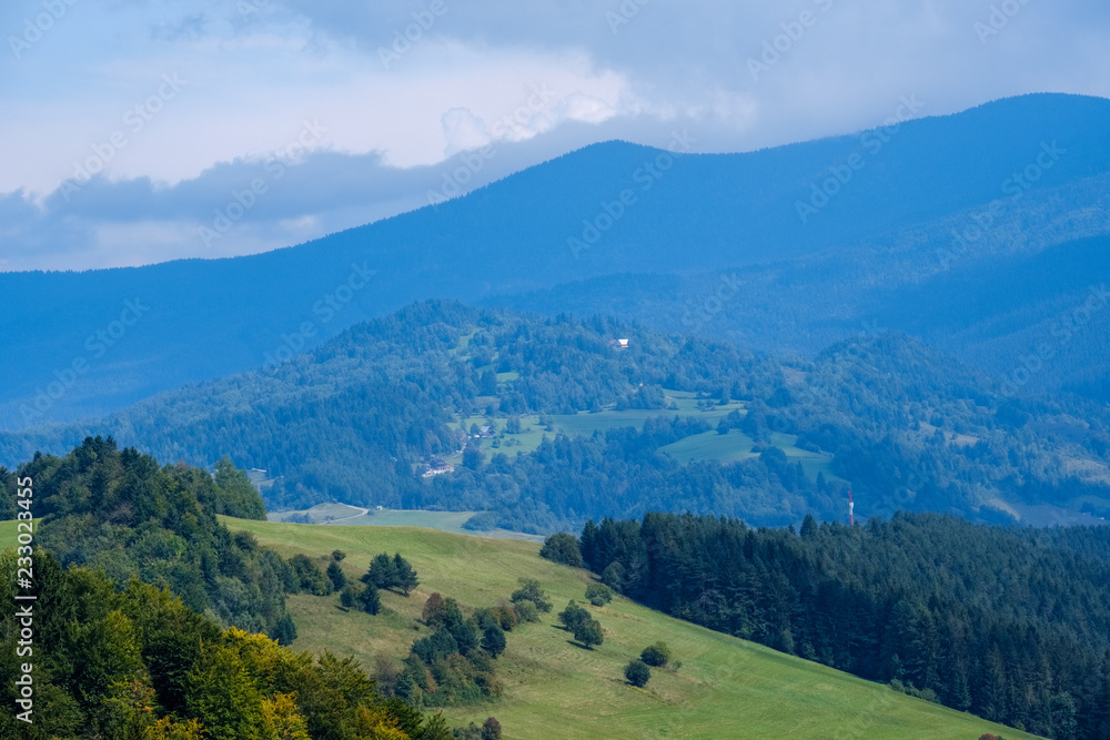 western carpathian Tatra mountain skyline with green fields and forests in foreground western carpathian Tatra mountain skyline with green fields and forests in foreground
