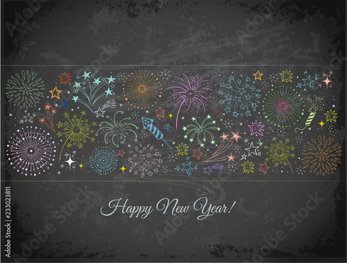 New Year greeting card with fireworks on blackboard background. Vector doodle illustration.