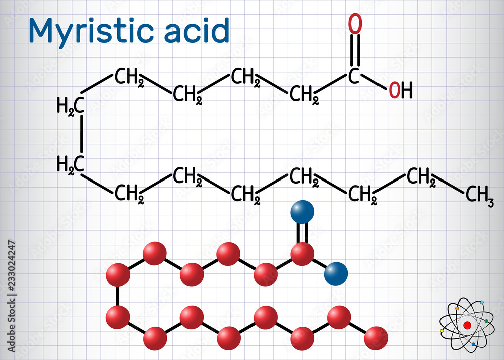 Myristic (tetradecanoic) acid molecule. It is saturated fatty acid. Structural chemical formula and molecule model. Sheet of paper in a cage Myristic (tetradecanoic) acid molecule. It is saturated fatty acid. Structural chemical formula and molecule model. Sheet of paper in a cage