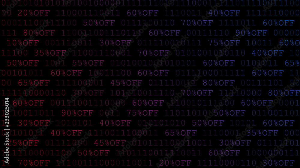 Background of zeros, ones and amount of discount in dark red and blue colors Background of zeros, ones and amount of discount in dark red and blue colors