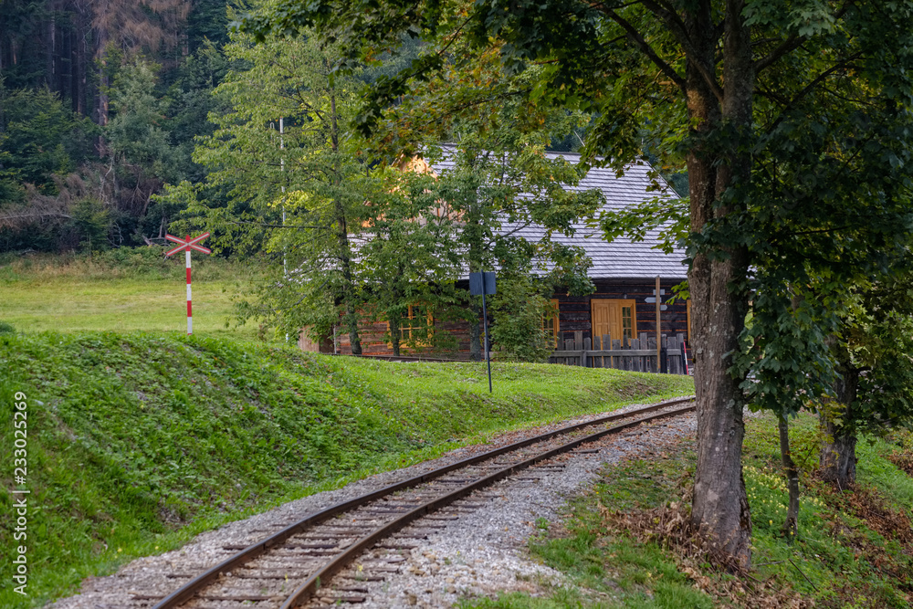 Fototapeta premium ancient log wood railway and train on the tracks
