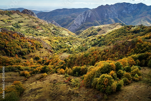 aerial view of Carpathian mountains countryside in autumn morning  Romania