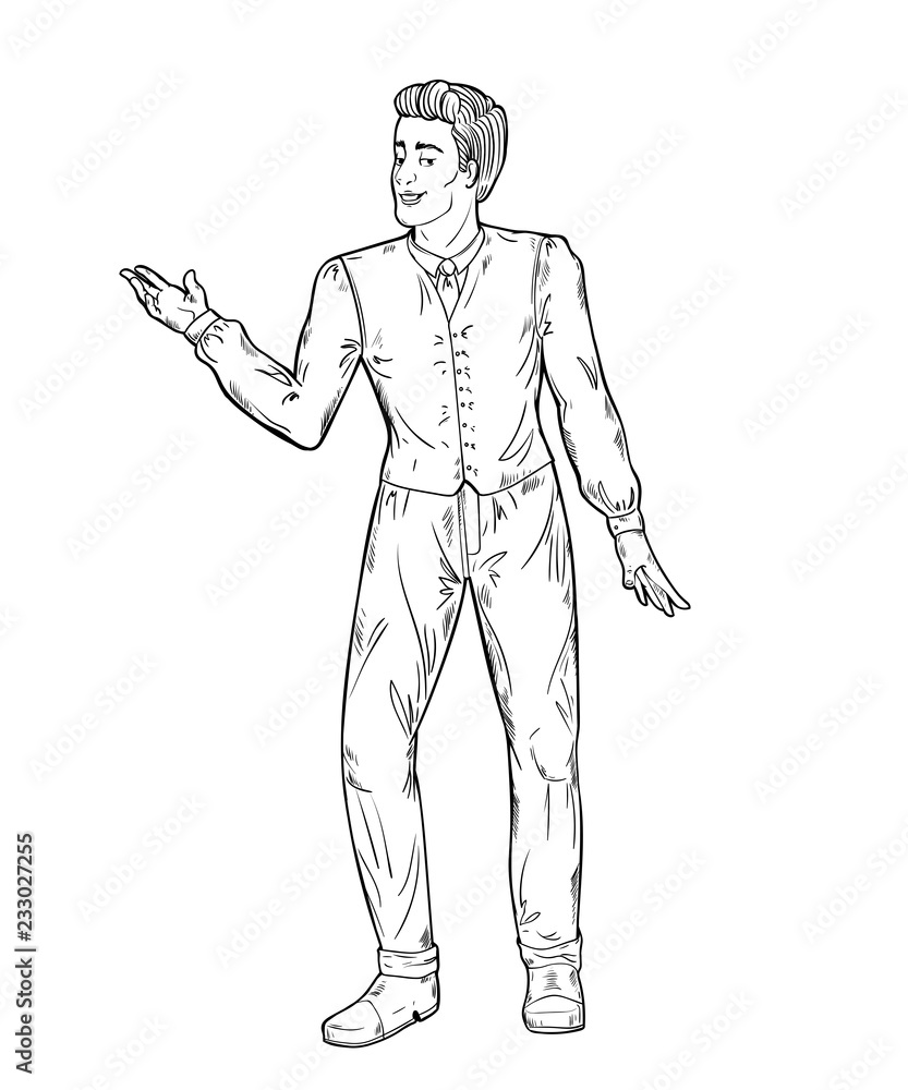Showman. Portrait full length. Smiling young male entertainer, presenter or actor. Black and white vector illustration Showman. Portrait full length. Smiling young male entertainer, presenter or actor. Black and white vector illustration