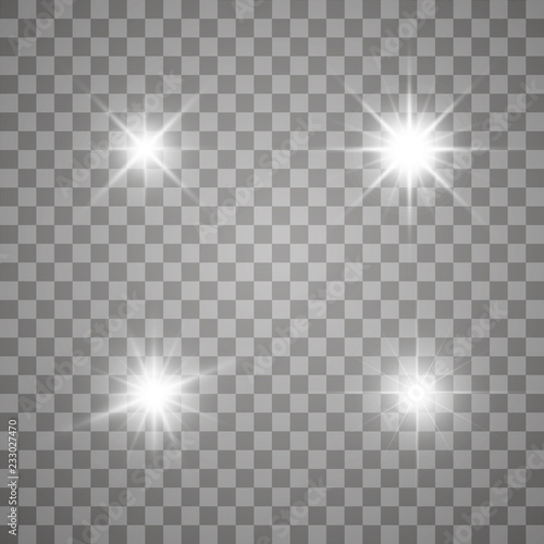 Glow isolated white transparent light effect set  lens flare  explosion  glitter  line  sun flash  spark and stars. Abstract special effect element design. Shine ray with lightning