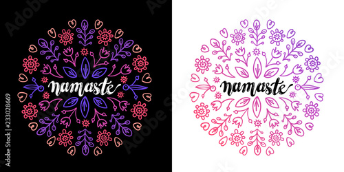 Namaste vector lettering with pink and purple gradient mandala