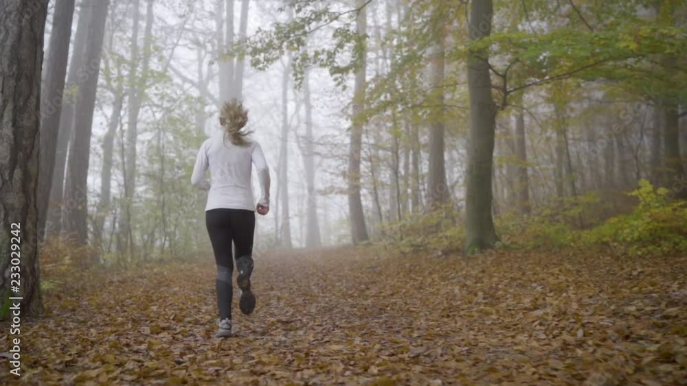 Slow motion sport video following woman jogging on foggy day in autumn forest Slow motion sport video following woman jogging on foggy day in autumn forest
