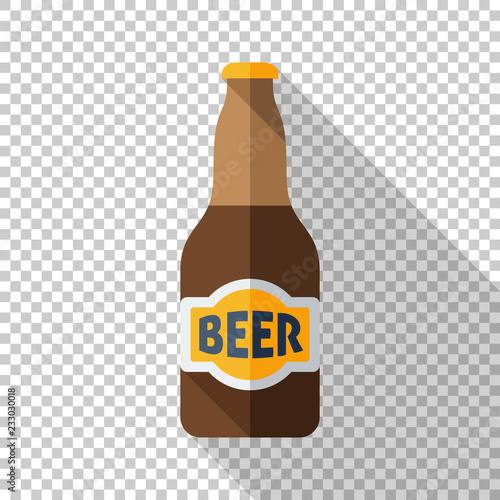 Beer bottle icon in a flat style with a long shadow on a transparent background