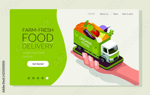 Web page design template for farm fresh food, online food ordering, organic vegetable delivery. Smartphone in hand. Vector illustration isometric concepts 