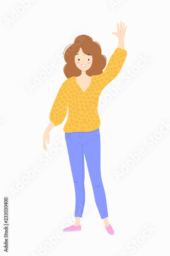 Woman in a yellow sweater is smiling and waving. Vector illustration.