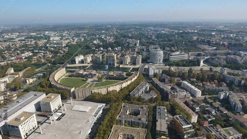 Drone view towards le Lez in Montpellier Antigone. Residential urban area, France Drone view towards le Lez in Montpellier Antigone. Residential urban area, France