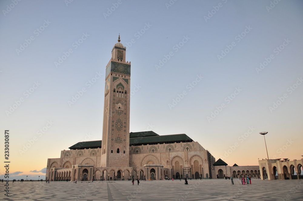 Hassan II. mosque at Casablanca,  Morocco, just after sunset