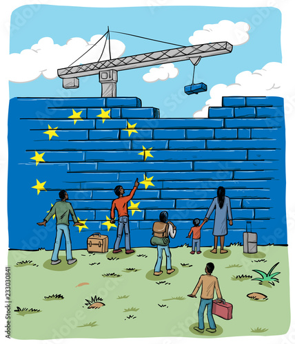  people refugees in front of an european wall flag