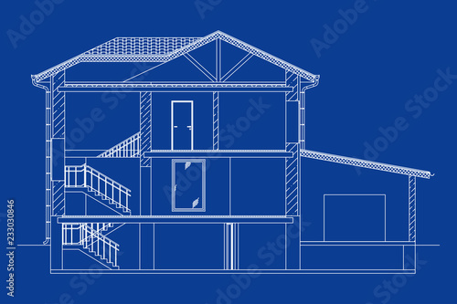 Architectural background. Cross-section suburban house. Vector blueprint.