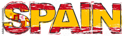 Word SPAIN with Spanish national flag under it, distressed grunge look.