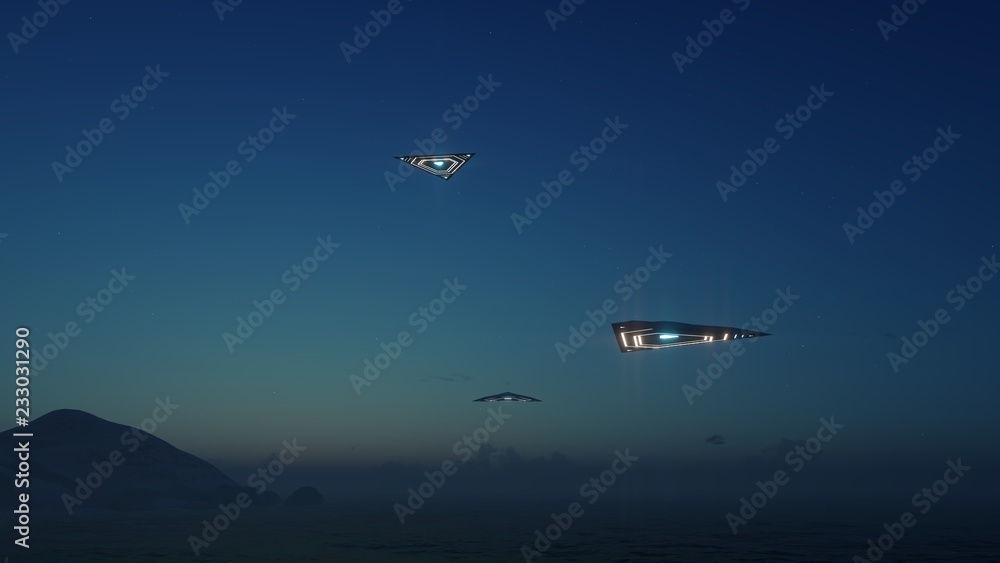 Fototapeta premium 3D triangular ufo hung in the sky in the evening